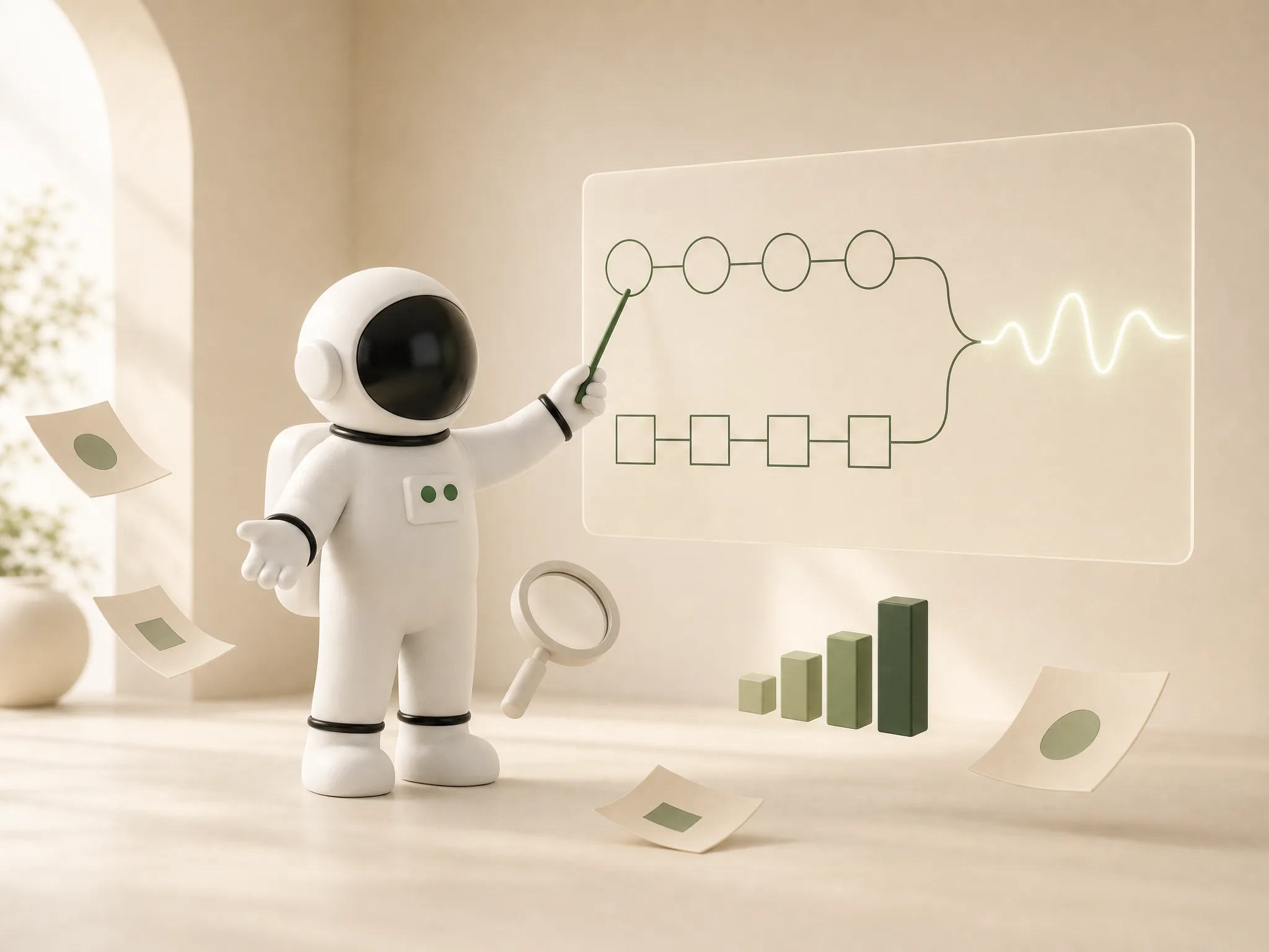 Spock mapping the business onto a glass flowchart, magnifier in hand