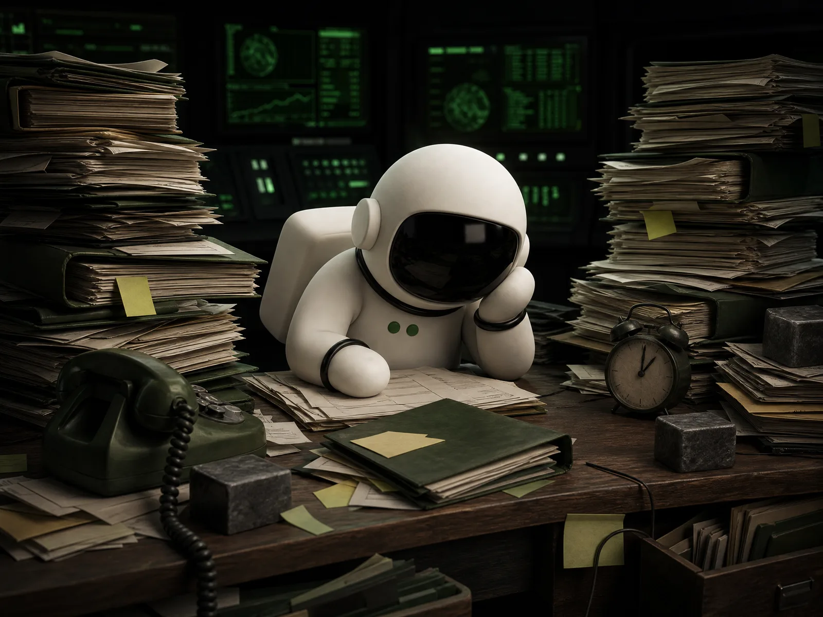 Spock slumped at a desk sagging under stacks of manual work, lit by dim green monitors