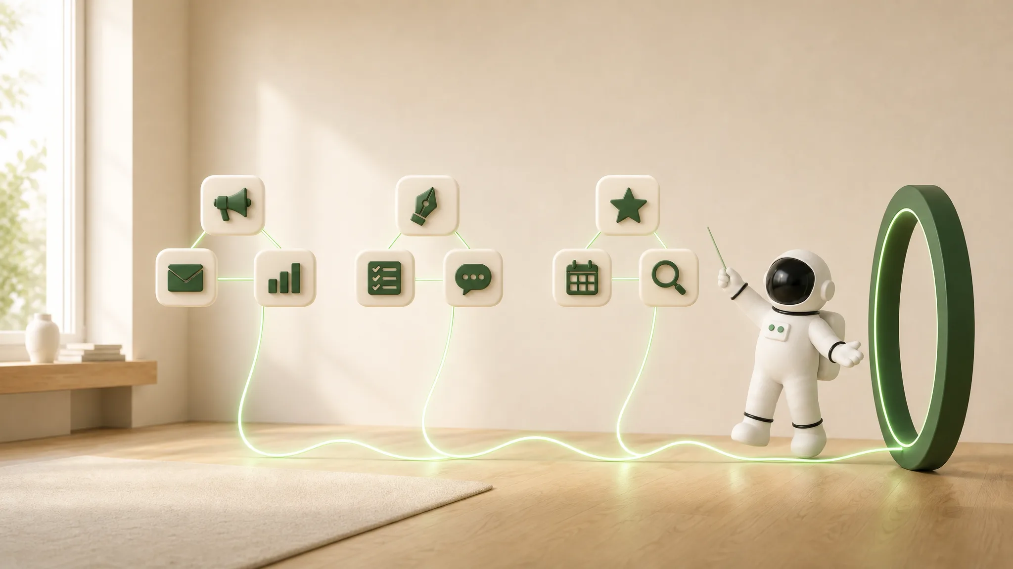 Agent glyphs wired through one green ring: a pod converging on a single goal