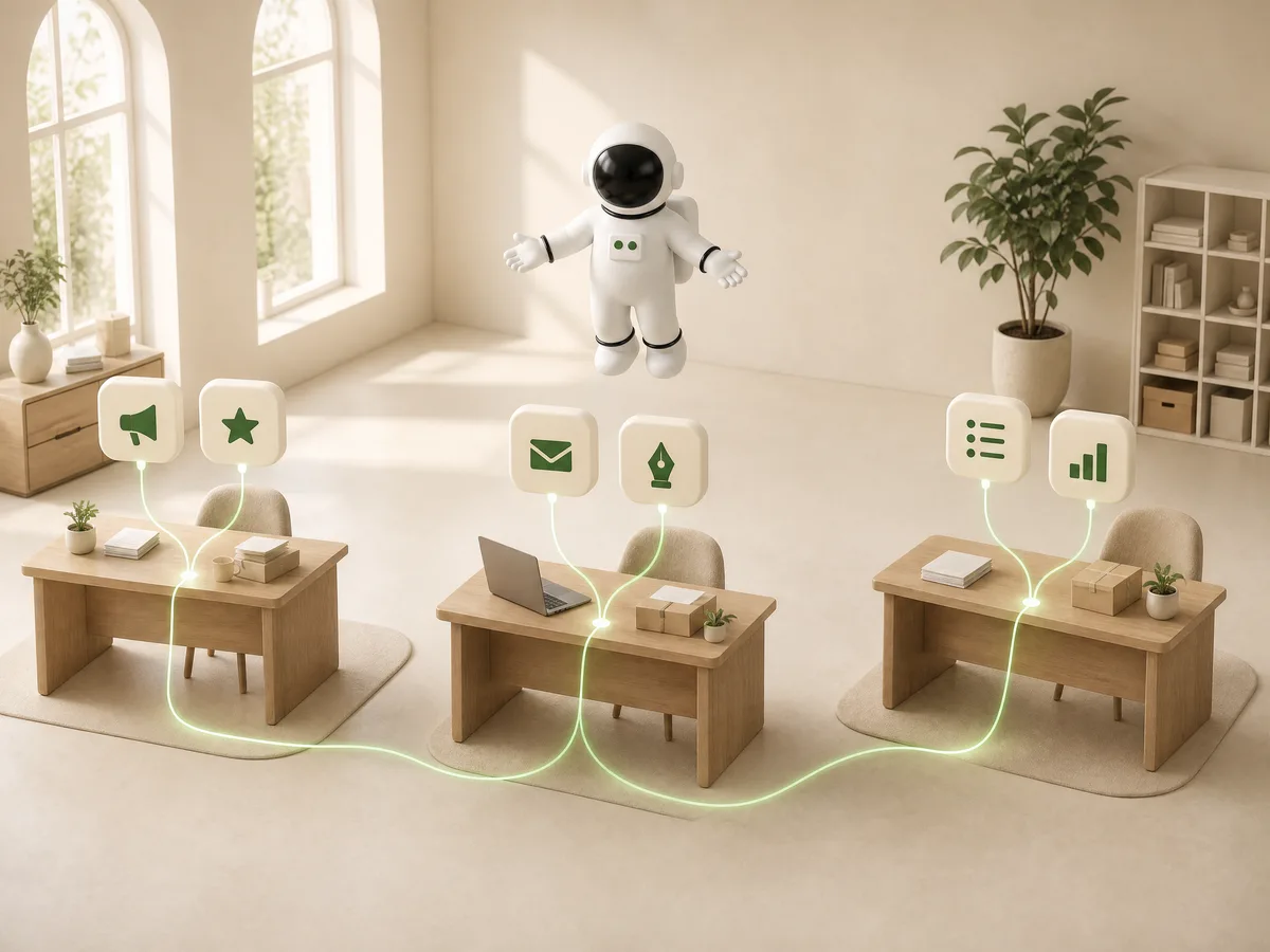 Three pods humming across every desk as one system